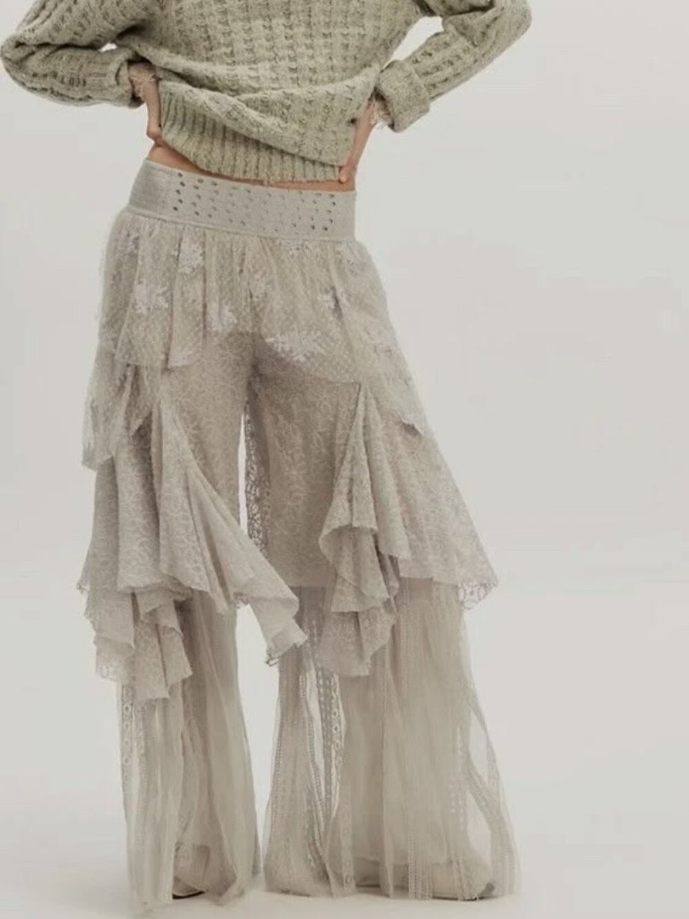 Free People Florence Pants Natural Pull-on Flared Lace Tiered Sheer Wide Leg XS